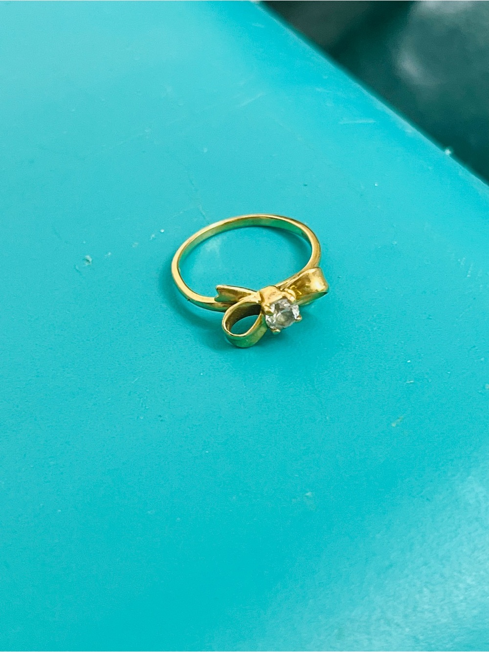14K Gold Bow Ring with Clear Stone - Women's Jewelry